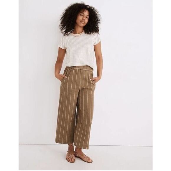 Madewell Pants Womens Large Green Huston Linen Cotton Striped Pull On Crop Boho - Picture 1 of 12